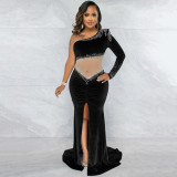 Velvet Diamond Mesh Perspective Pleated Diagonal Collar One Shoulder Split Dress