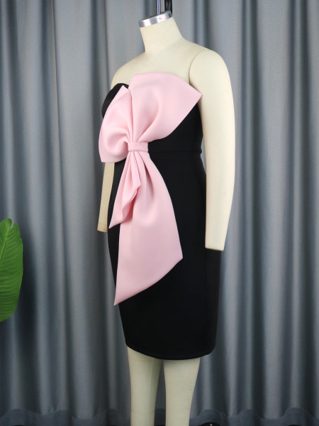 Sexy Off Shoulder Dress with European and American Breast Contrast Bow Tie Dress