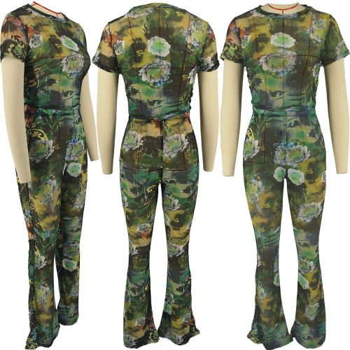 Fashion printed round neck micro flare pants slim and sexy two-piece set