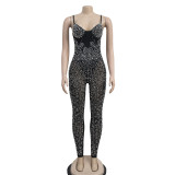 Women's solid color mesh hot diamond sleeveless long pants jumpsuit
