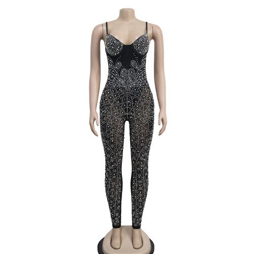 Women's solid color mesh hot diamond sleeveless long pants jumpsuit
