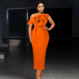 Single Shoulder Oblique Collar 3D Flower Dress