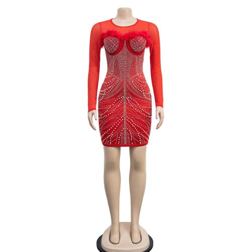 Women's solid color mesh feather hot diamond long sleeved short skirt dress