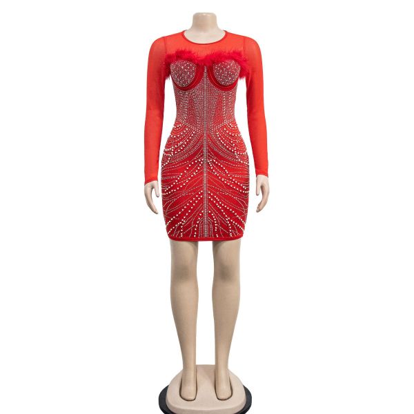 Women's solid color mesh feather hot diamond long sleeved short skirt dress