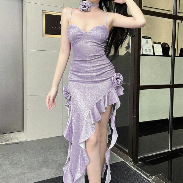 Sexy and Pure Lust Style Off Back Off Shoulder Pleated Powder Scattered Flower Ribbon Split Dress