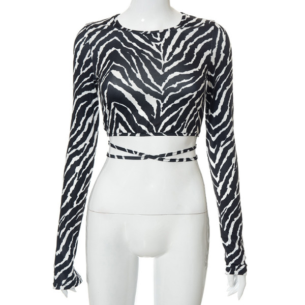 Casual Umbilical Lace up Zebra Stripe Open Back Top