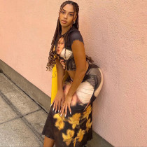 Digital printed head portrait round neck top, medium length half skirt, two piece set