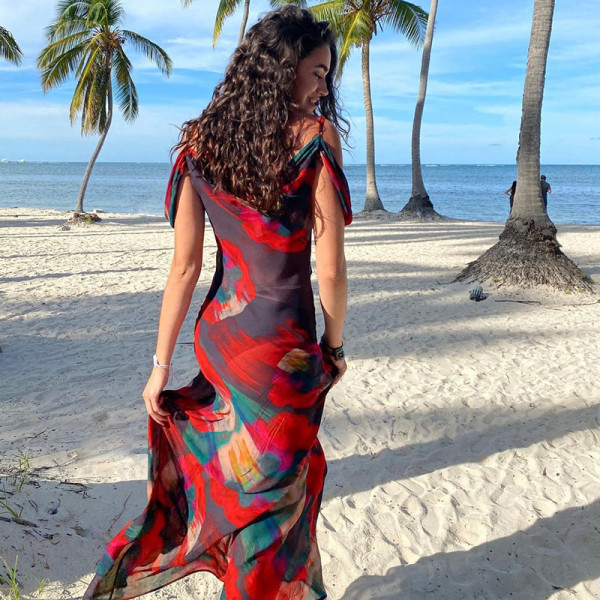 Fashion printed suspender sleeveless high waisted off shoulder style dress