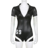 Motorcycle PU leather zipper color contrast printed jumpsuit