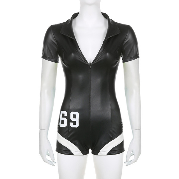 Motorcycle PU leather zipper color contrast printed jumpsuit