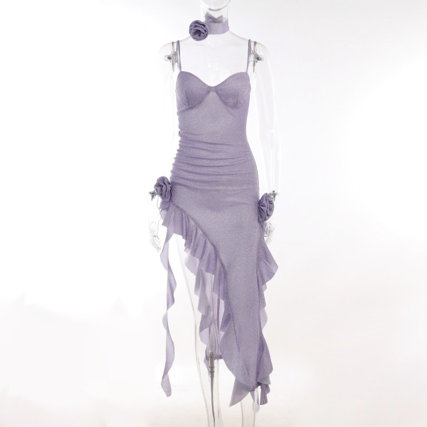 Sexy and Pure Lust Style Off Back Off Shoulder Pleated Powder Scattered Flower Ribbon Split Dress