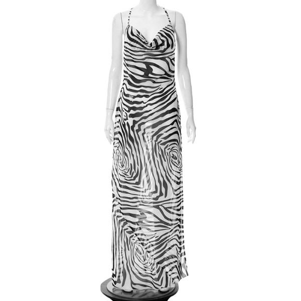 Fashion printed suspender sleeveless high waisted off shoulder style dress