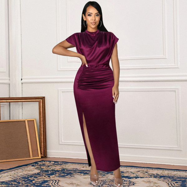 High Neck Long Dress Solid Color Dress Style High Waist Temperament Commuter Dress