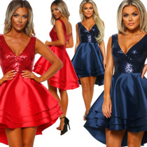 Women's sexy V-neck sequin front short back long dress Women's sexy V-neck sequin front short back long dress