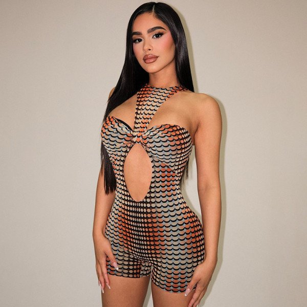 Polka dot printed hollow out characteristic tight and sexy jumpsuit
