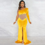 Velvet Diamond Mesh Perspective Pleated Diagonal Collar One Shoulder Split Dress