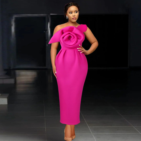 Single Shoulder Oblique Collar 3D Flower Dress