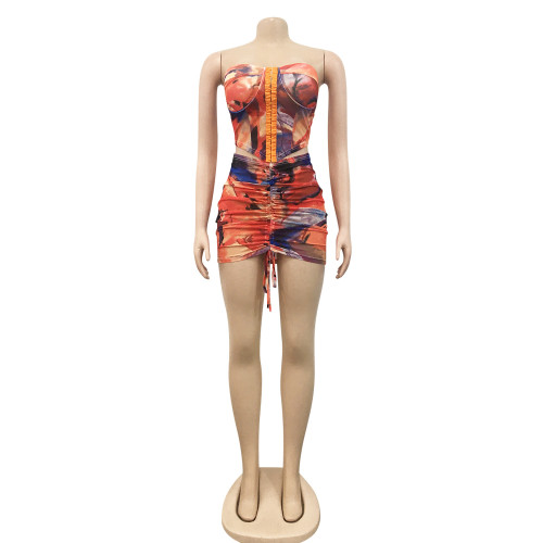 Women's sexy wrap chest perspective mesh printed drawstring short skirt two-piece set