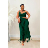 Women's sleeveless suspender with open waist tassel long skirt two-piece set