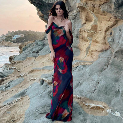 Fashion printed suspender sleeveless high waisted off shoulder style dress
