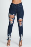 Versatile slim and sexy high elastic perforated calf denim pants