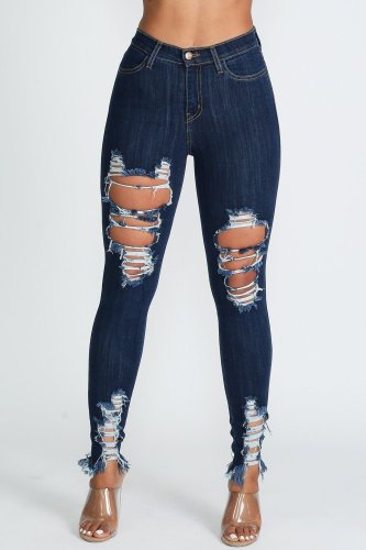 Versatile slim and sexy high elastic perforated calf denim pants