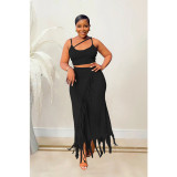 Women's sleeveless suspender with open waist tassel long skirt two-piece set