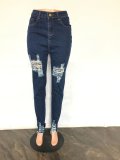Versatile slim and sexy high elastic perforated calf denim pants
