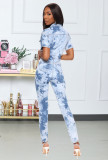Sexy and fashionable wash, tie, flower, and float denim jumpsuit