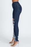 Versatile slim and sexy high elastic perforated calf denim pants
