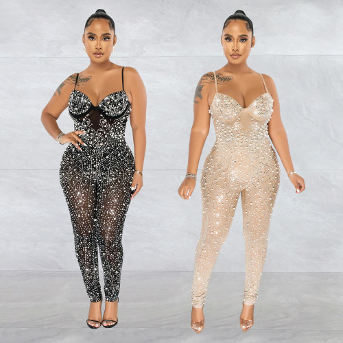 Women's solid color mesh hot diamond sleeveless long pants jumpsuit