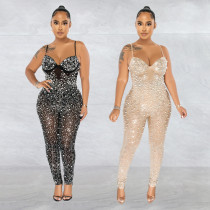 Women's solid color mesh hot diamond sleeveless long pants jumpsuit Women's solid color mesh hot diamond sleeveless long pants jumpsuit