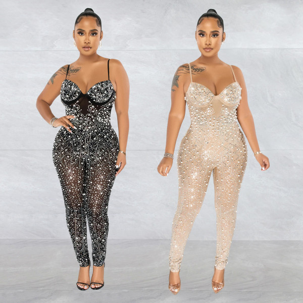Women's solid color mesh hot diamond sleeveless long pants jumpsuit