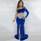 Velvet Diamond Mesh Perspective Pleated Diagonal Collar One Shoulder Split Dress