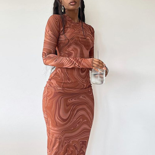 Skinny mid length dress with round neck and long sleeve printed buttocks skirt pullover