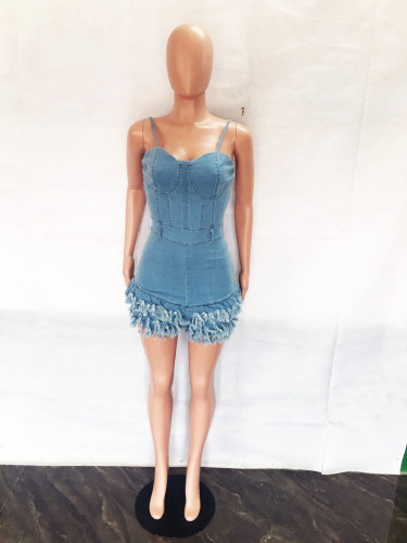 Fashionable drawstring pleated zipper slim fitting fringed raw edge denim jumpsuit