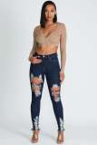 Versatile slim and sexy high elastic perforated calf denim pants