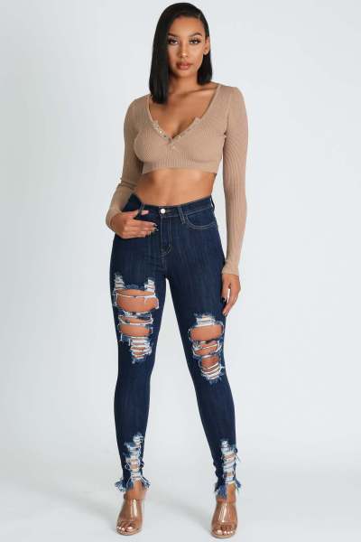 Versatile slim and sexy high elastic perforated calf denim pants