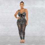 Women's solid color mesh hot diamond sleeveless long pants jumpsuit