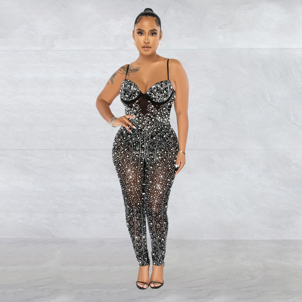 Women's solid color mesh hot diamond sleeveless long pants jumpsuit