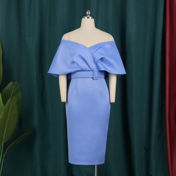 Sexy Off Shoulder High Waist Wrapped Hip Dress with Belt Banquet Dress Large Women's Wear