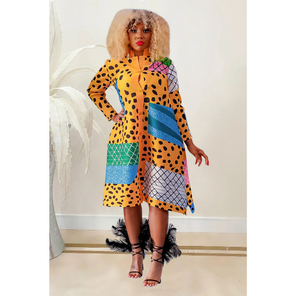 Women's printed long sleeved button up mid length dress