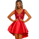 Women's sexy V-neck sequin front short back long dress