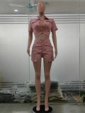 Shirt Plain Pocket Button Pink Shorts Set