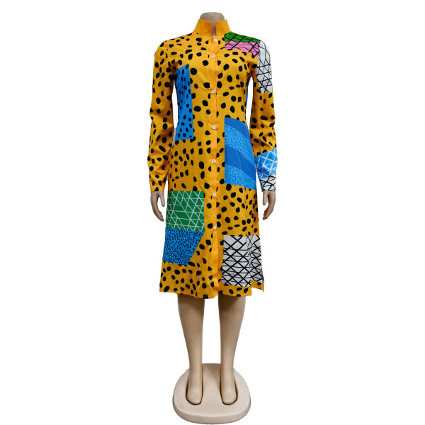 Women's printed long sleeved button up mid length dress