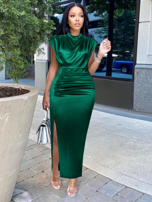 High Neck Long Dress Solid Color Dress Style High Waist Temperament Commuter Dress