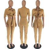 Shirt Short Sleeve Long Pants Split Solid Color Two Piece Set