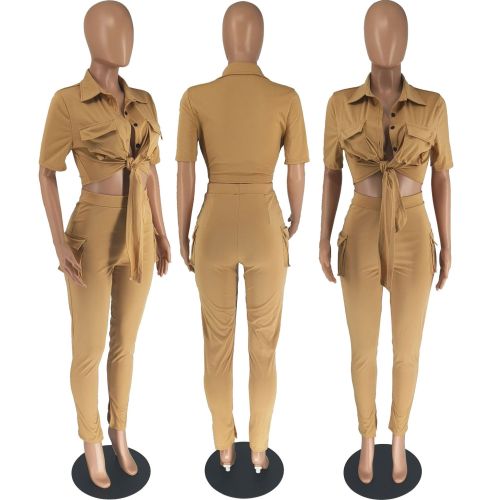 Shirt Short Sleeve Long Pants Split Solid Color Two Piece Set