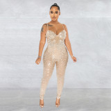 Women's solid color mesh hot diamond sleeveless long pants jumpsuit
