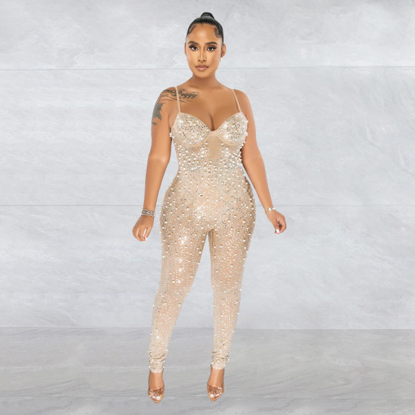 Women's solid color mesh hot diamond sleeveless long pants jumpsuit